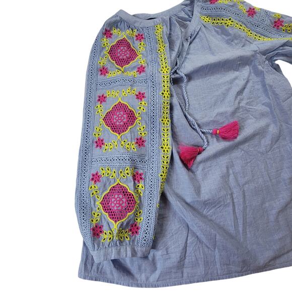 Talbots Blue Cotton Embroidered 3/4 Sleeve Popover Boho Tassel Top Size L - Picture 5 of 8